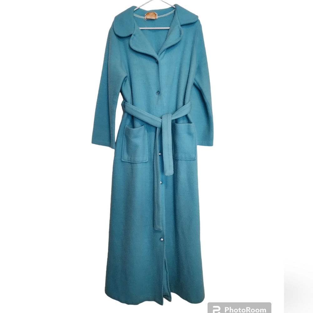 Vintage Sears At Home Wear Blue Button Front Maxi Robe Tie Waist SZ Large